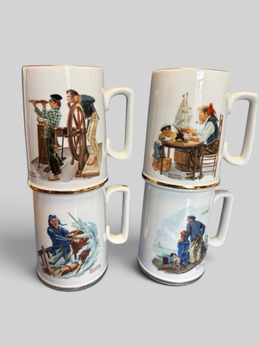 EUC Vintage Norman Rockwell Museum Coffee Tea Mug 1985 Collectible Set of 4